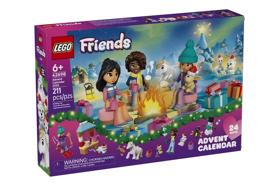 LEGO Friends Adventskalender 2026 42698 mit drei Figuren, Pony, Eisbär und Lagerfeuer auf der Verpackung