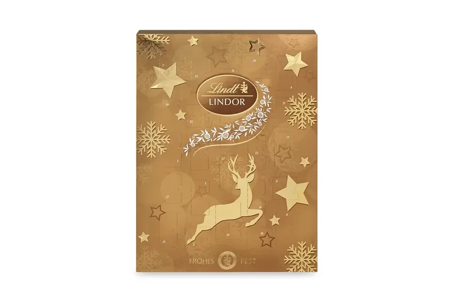 Lindt LINDOR Adventskalender 2026 in Gold mit springendem Rentier