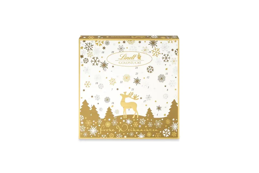 Quadratischer Lindt Goldstücke Adventskalender mit Schneeflocken und Rentier