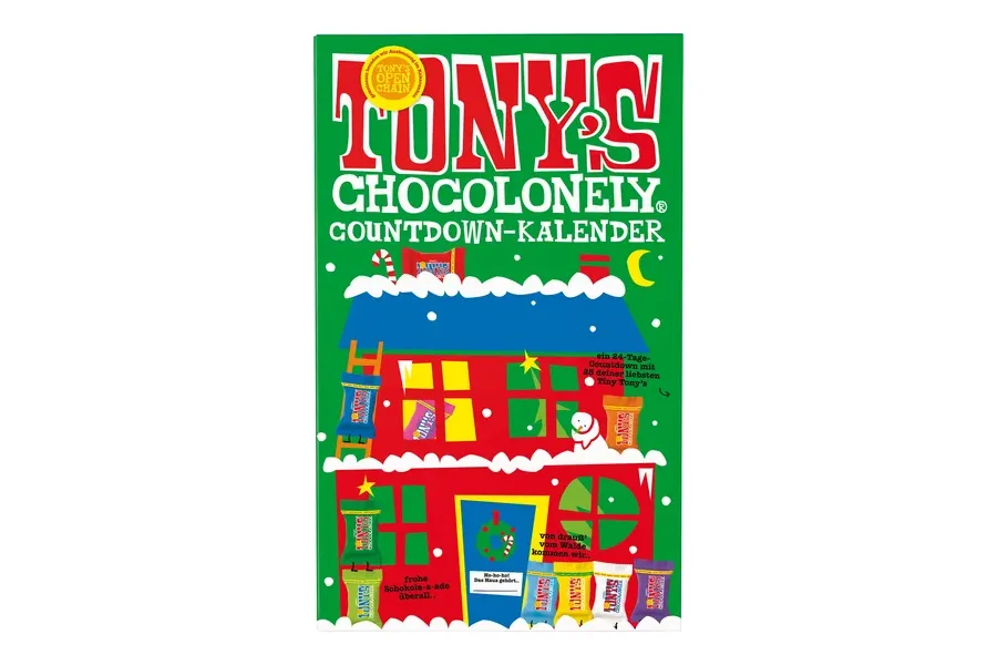 Grüner Tony's Chocolonely Countdown-Kalender mit rotem Haus und Tiny Tony's