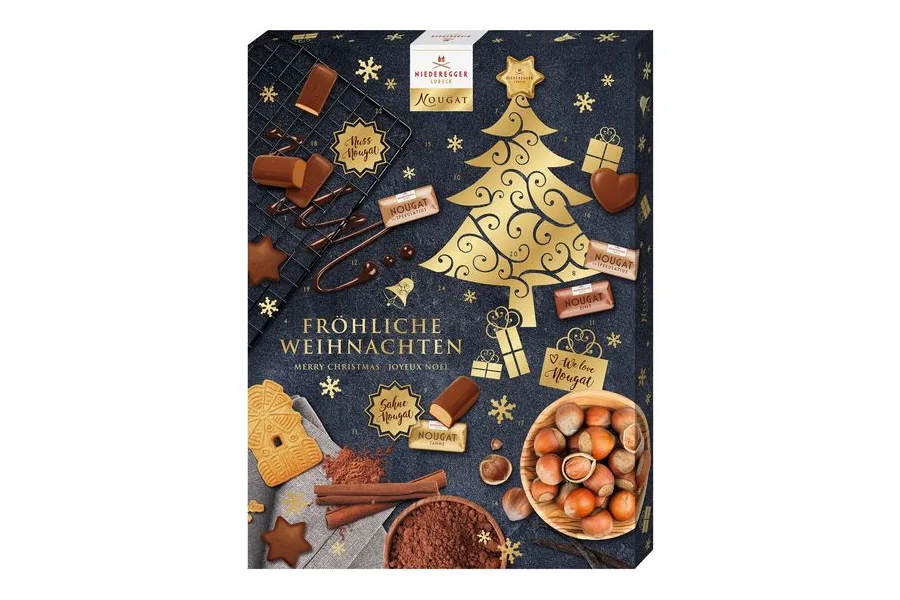Dunkelblauer Niederegger Nougat Adventskalender mit goldenem Tannenbaum
