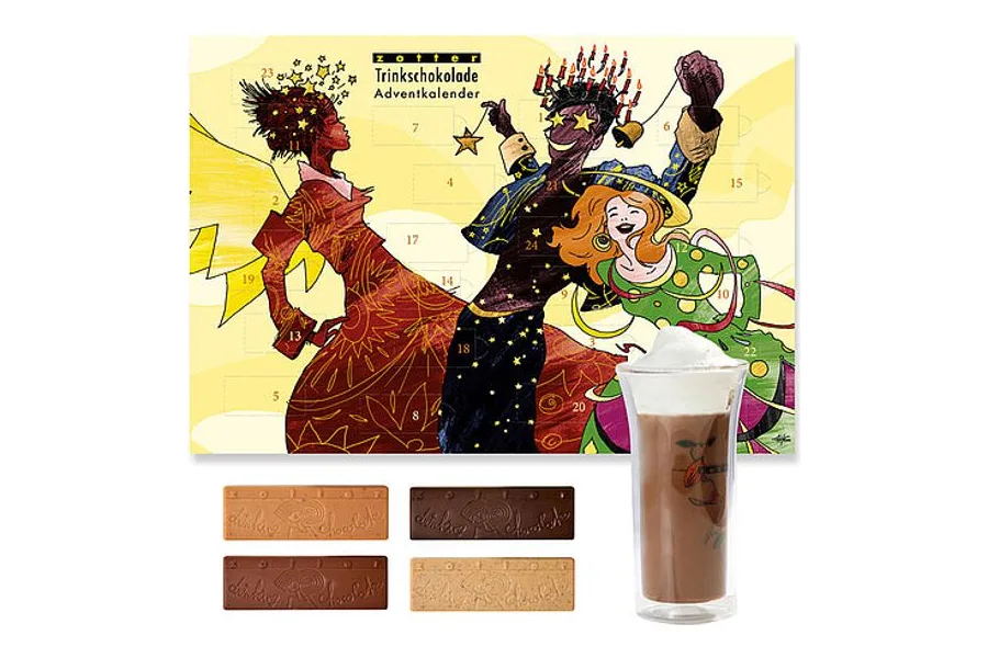 Zotter Trinkschokolade Adventkalender mit Illustration und Trinkschokolade-Stangen