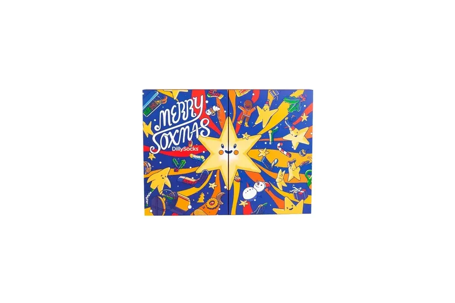 Blauer DillySocks Adventskalender 2026 mit Stern-Motiv und Schriftzug Merry Soxmas