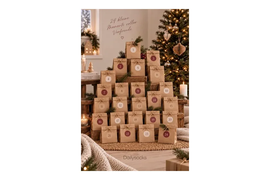 24 nummerierte Papiertüten des DAILYSOCKS Adventskalenders 2026 vor einem Weihnachtsbaum