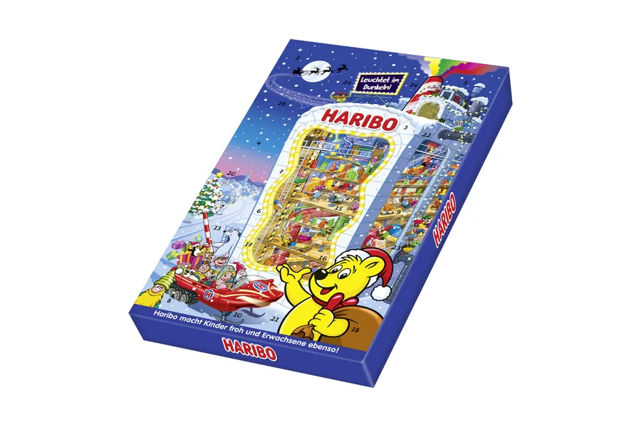 Haribo Adventskalender 300 g mit Goldbär als Weihnachtsmann und Fabrikmotiv