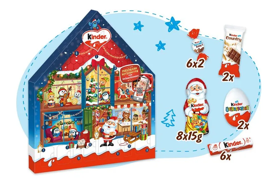 kinder Mix Adventskalender 351 g als Haus mit Schoko-Bons, Country, Weihnachtsmann und kinder Überraschung