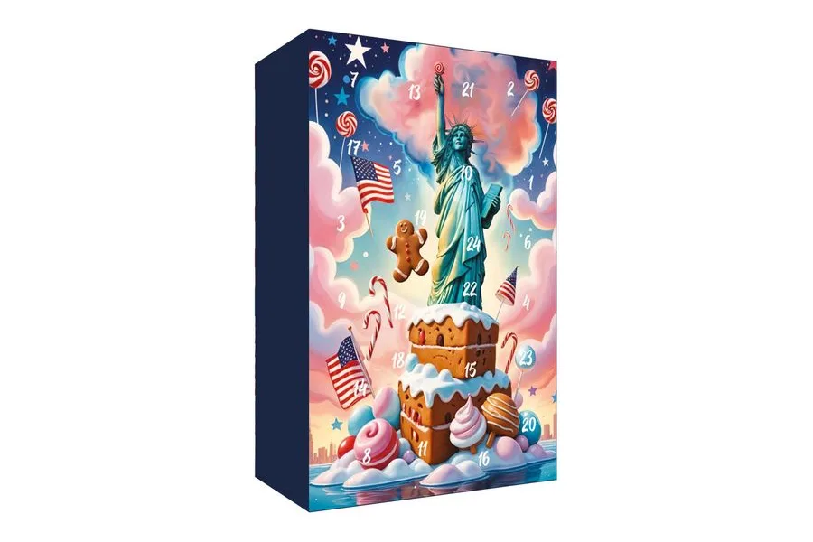 World of Sweets USA Adventskalender XL mit Freiheitsstatue und Süßigkeiten-Motiv
