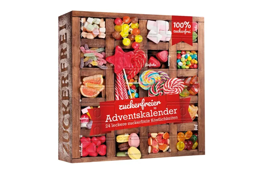 Zuckerfreier Adventskalender 2026 im Setzkasten-Design mit Bonbons und Fruchtgummi