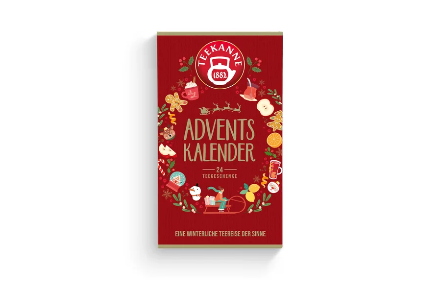 Roter Teekanne Adventskalender mit 24 Teegeschenken und winterlichem Kranzmotiv