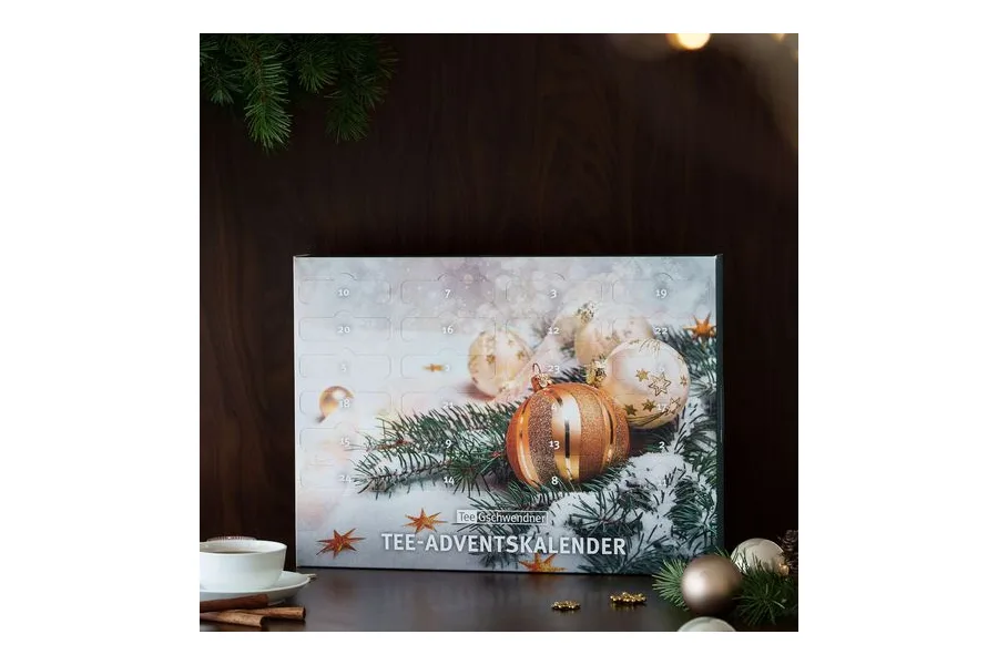 TeeGschwendner Tee-Adventskalender 2026 mit Weihnachtskugeln und 24 Türchen