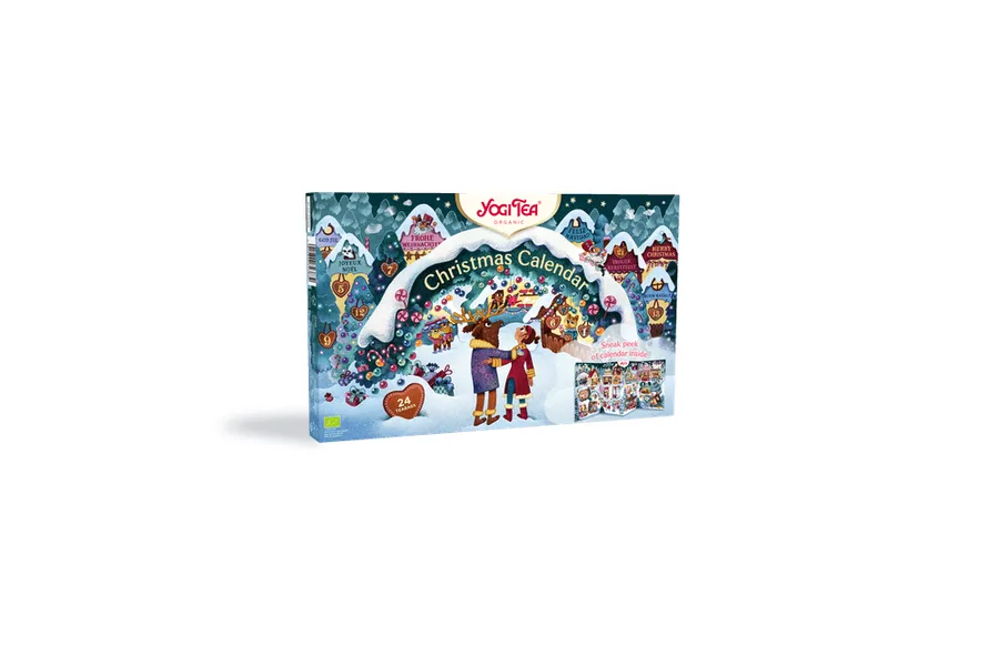Yogi Tea Christmas Calendar 2026 mit Weihnachtsmarkt-Motiv und 24 Türchen