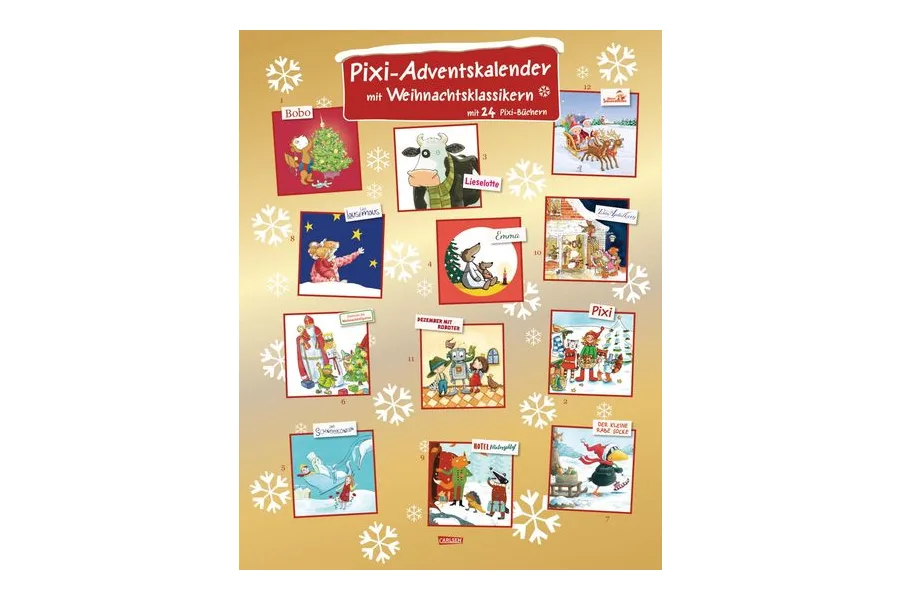 Carlsen Pixi Adventskalender GOLD 2026 mit Weihnachtsklassikern von Bobo, Lieselotte und Rabe Socke