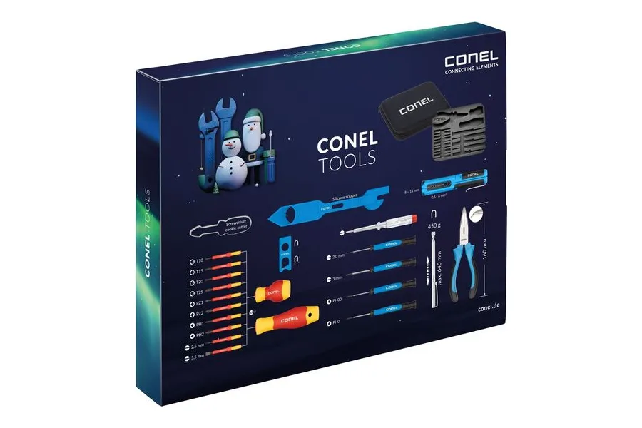 Conel Tools Adventskalender 2026 Umkarton mit Abbildung von Schraubendrehern, Zange und Werkzeugtasche
