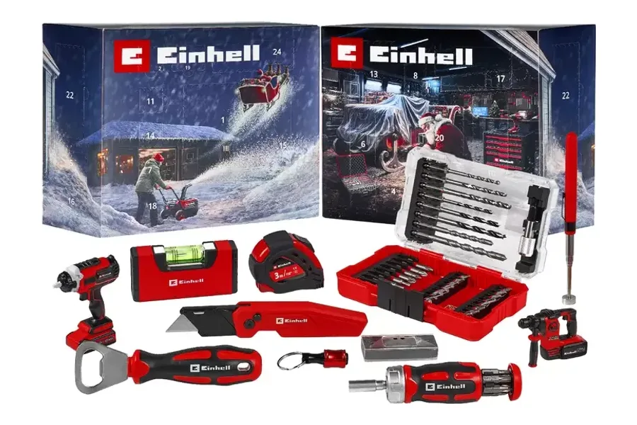 Einhell Adventskalender 2026 mit Bit- und Bohrer-Set, Ratschen-Schrauber, Wasserwaage und Maßband